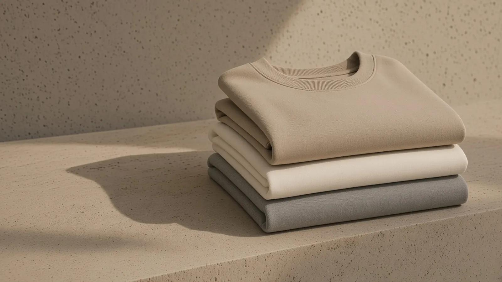 A stack of folded sand, ivory, and stone cotton sweatshirts on travertine.