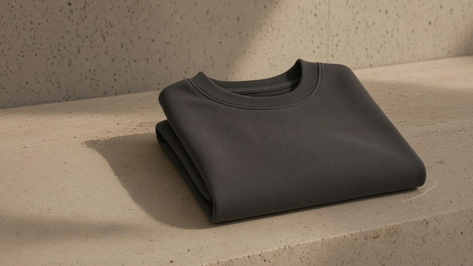 A folded charcoal cotton crewneck on travertine, with a loose thread beside the hem.