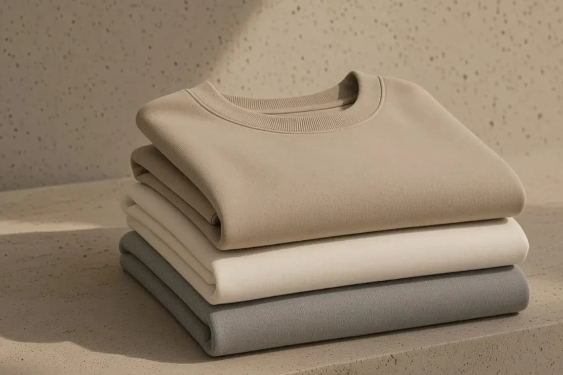 A stack of folded sand, ivory, and stone cotton sweatshirts on travertine.