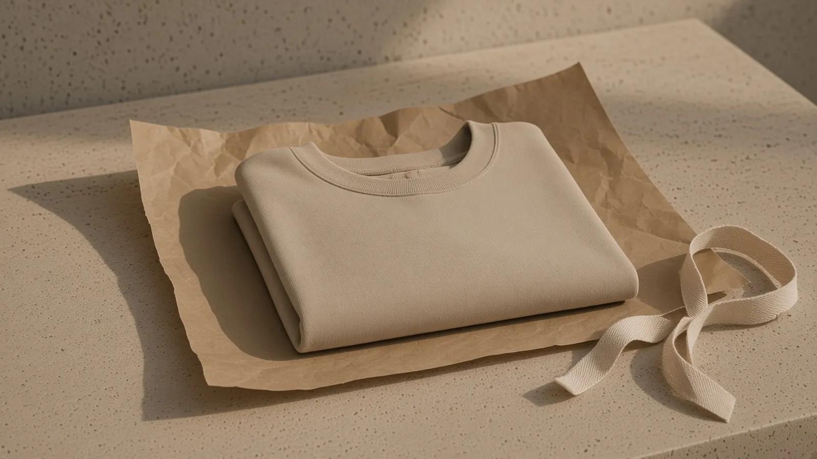 A sand cotton sweatshirt folded on a single sheet of kraft paper, with a cotton tape beside it.