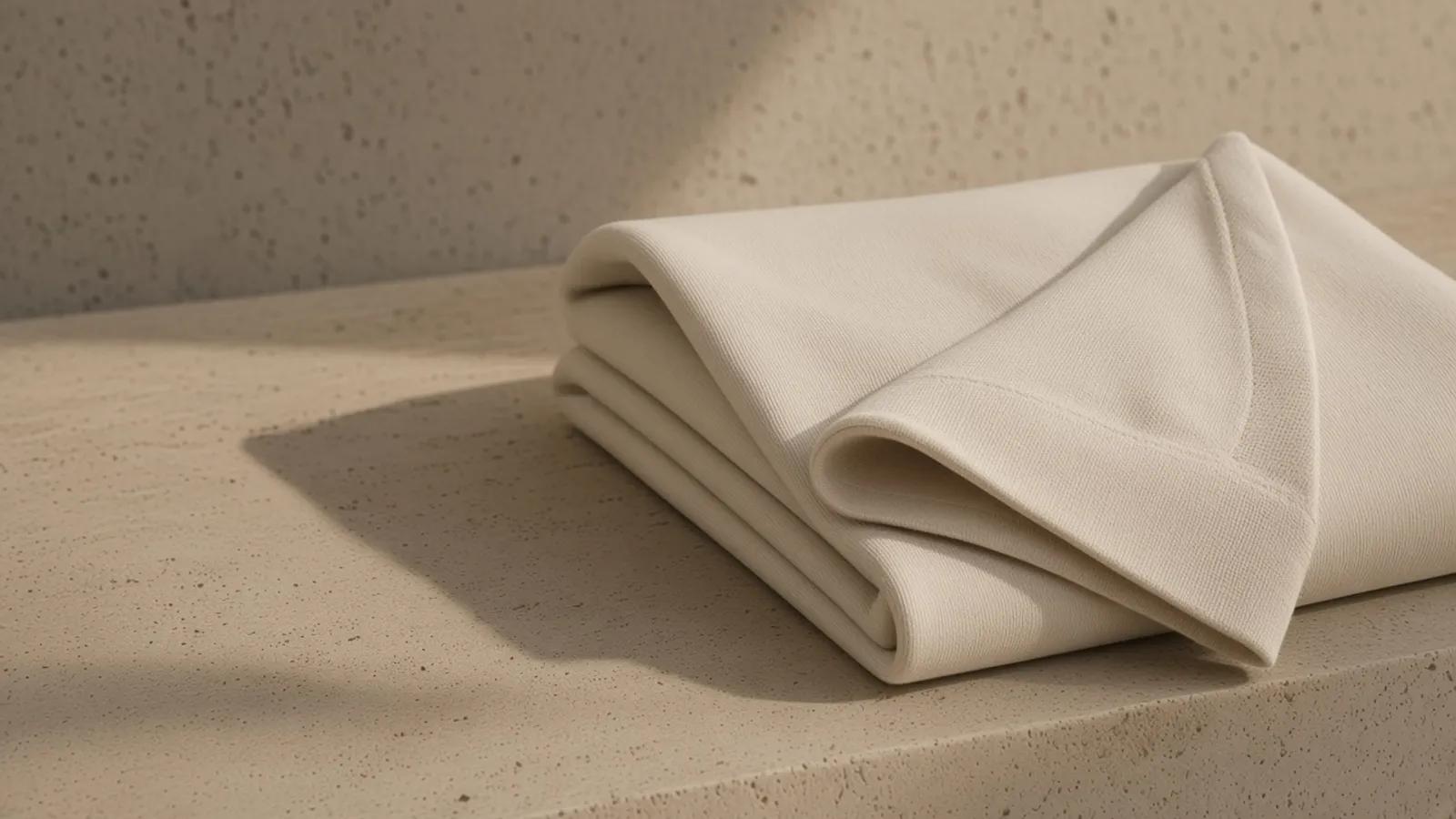 A folded ivory cotton loopback jersey on travertine, the knit turned out at one corner.