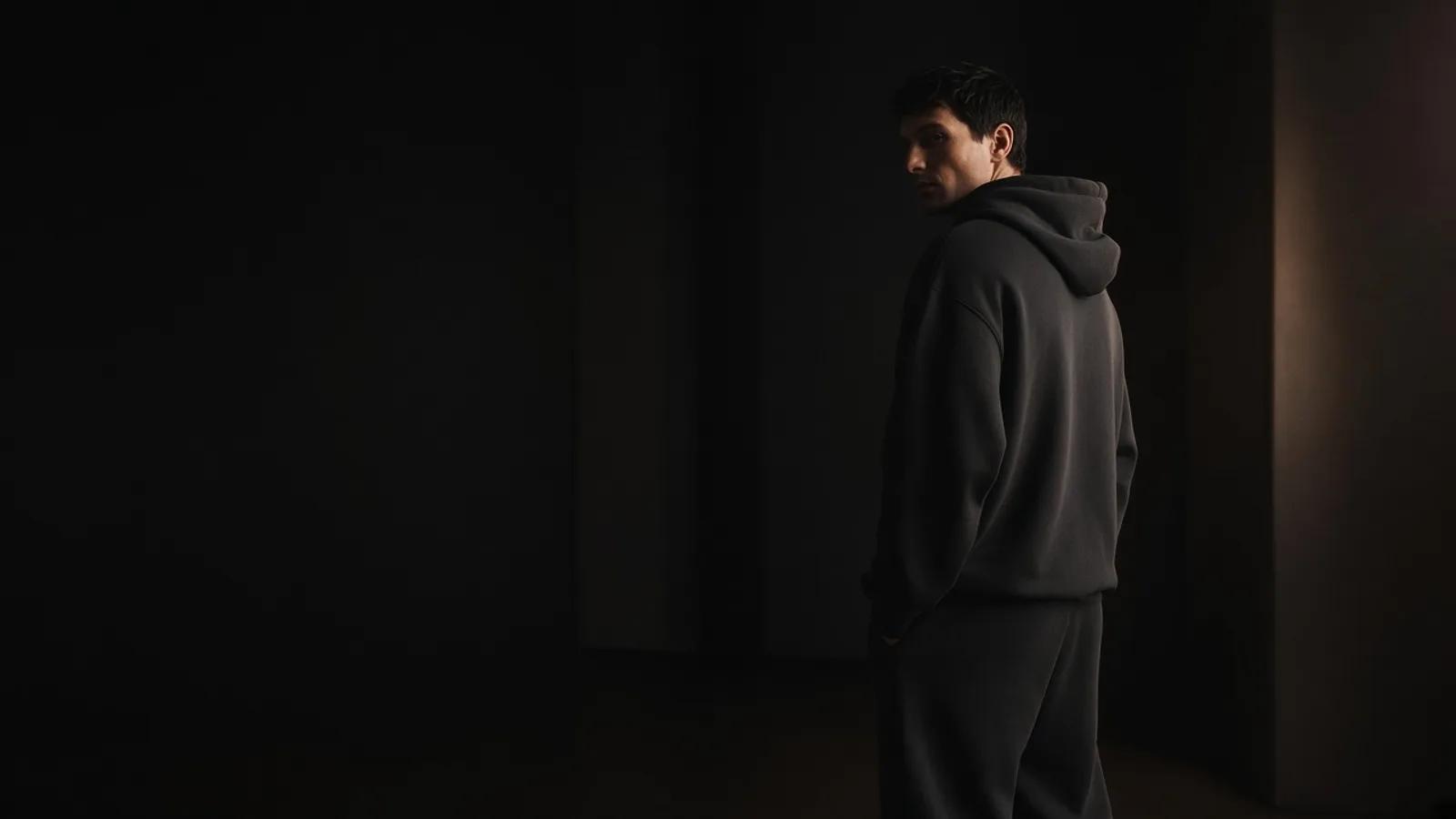 Man in a charcoal organic cotton set, lit against a dark interior.