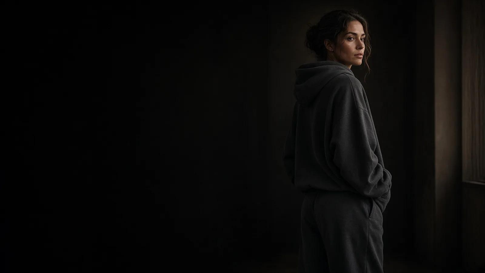 Model in a charcoal organic cotton set, lit against a dark interior.
