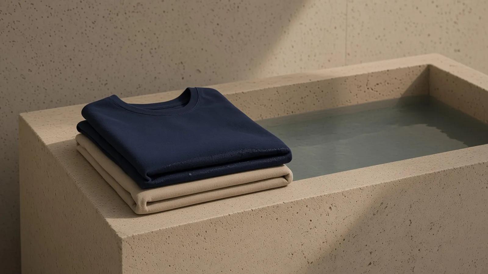 A damp navy cotton crewneck folded over a dry sand piece, on the stone edge of a basin.