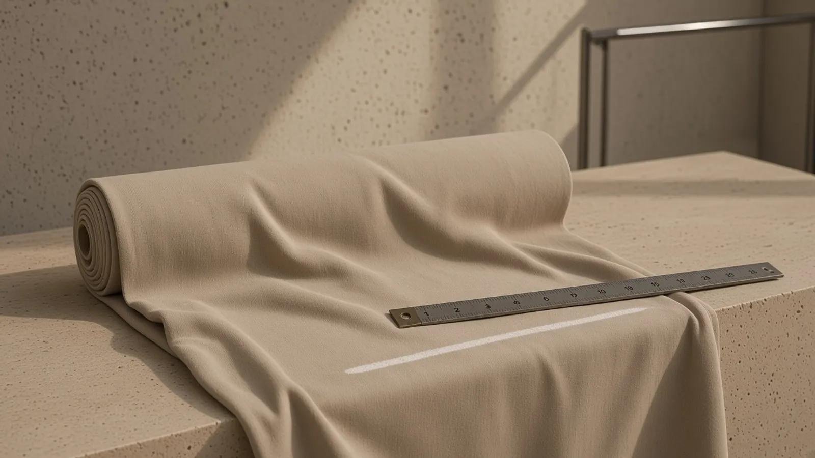 An uncut bolt of sand cotton on a stone table, marked with a chalk line beside a steel ruler.