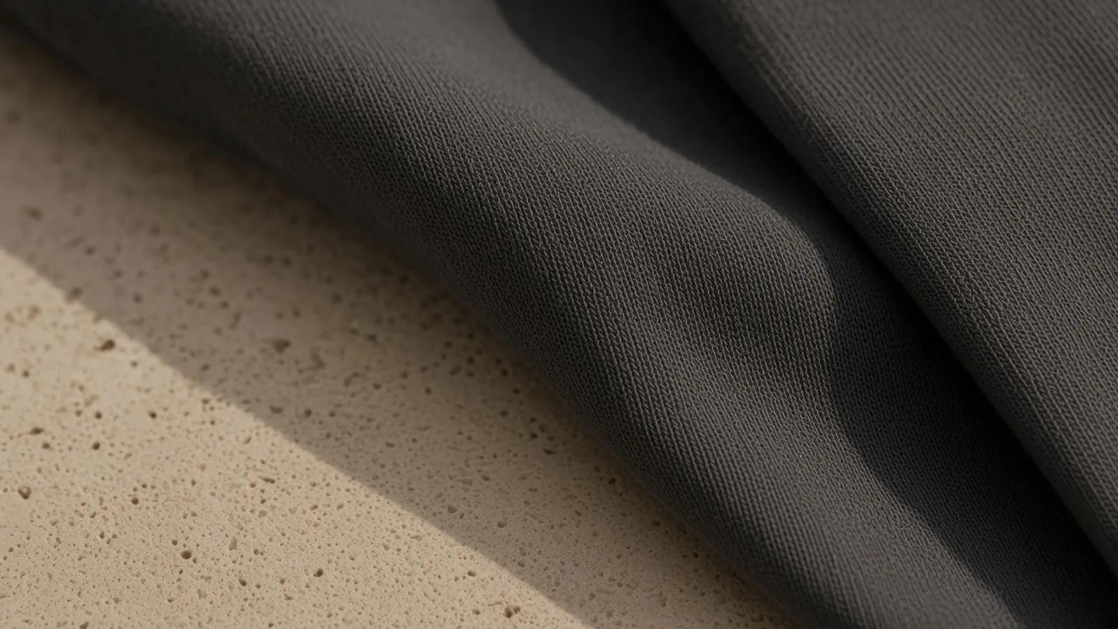 Macro view of charcoal organic cotton knit.