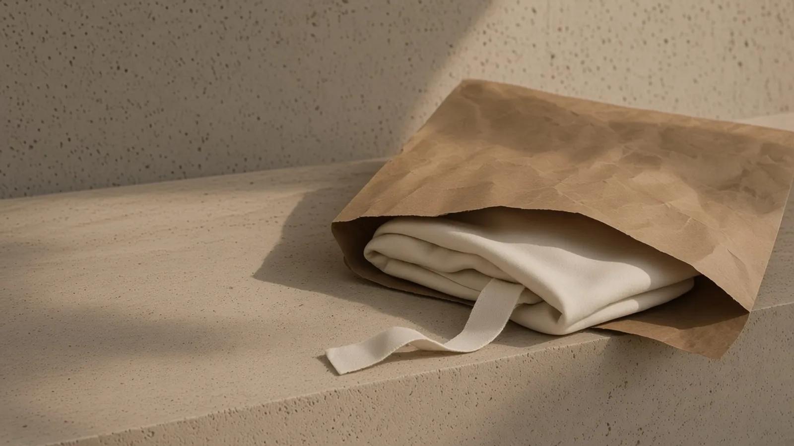 A folded ivory sweatshirt in open kraft paper on travertine, with a cotton tape.