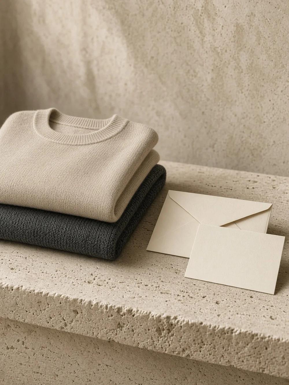 Folded sand and charcoal cotton beside a cream envelope on travertine.