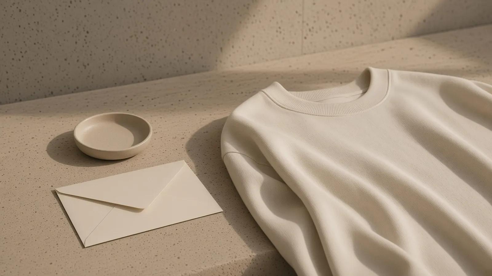 An ivory cotton crewneck laid open on travertine beside a blank envelope.