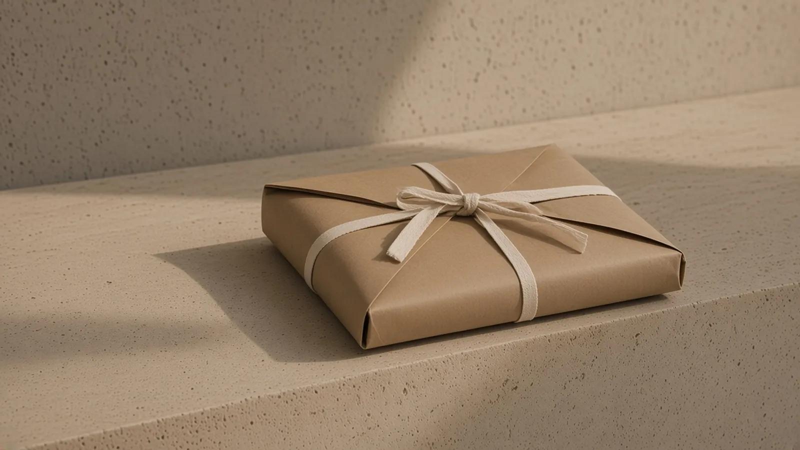 A kraft parcel tied with cotton tape on a travertine step.