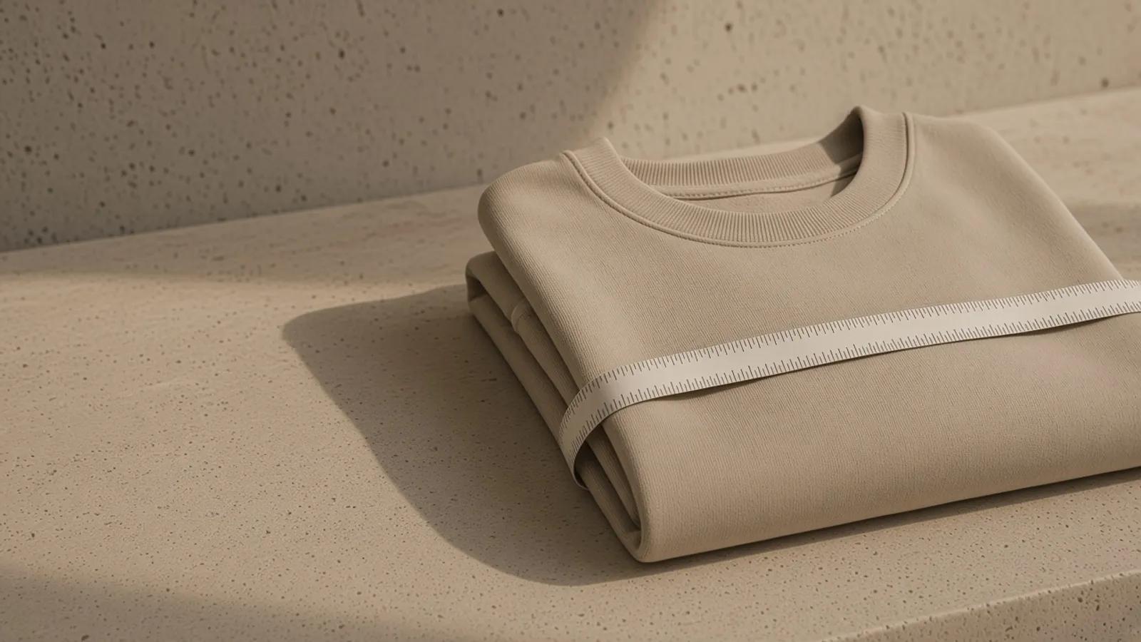 A sand cotton crewneck folded on travertine, with a cloth measuring tape across the chest.