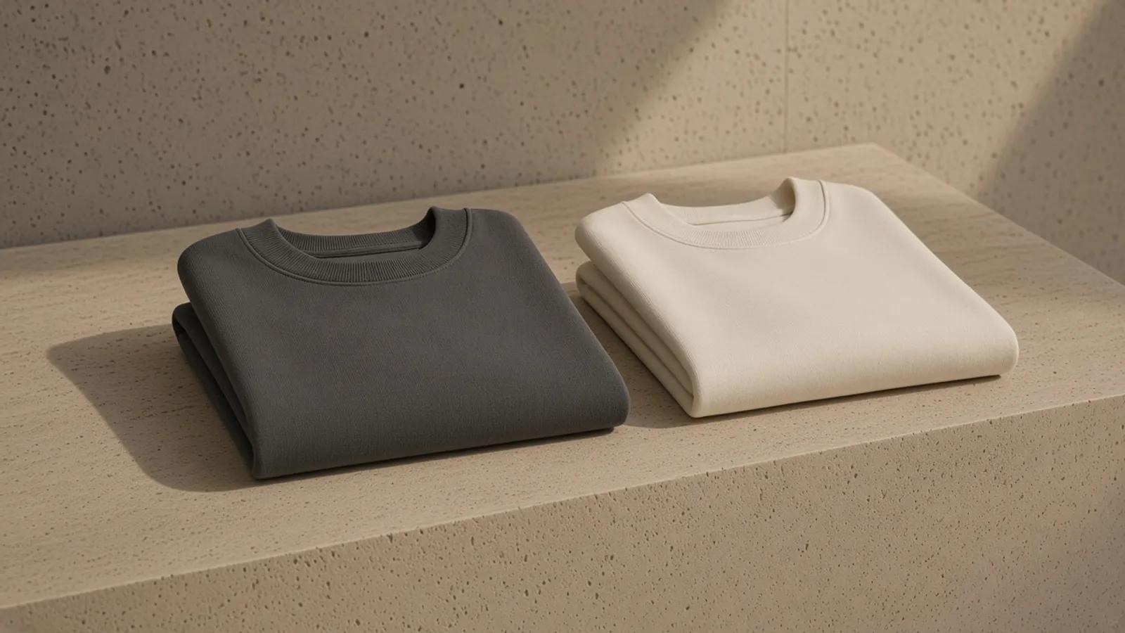 A charcoal cotton crewneck and a smaller ivory one, folded side by side on travertine.