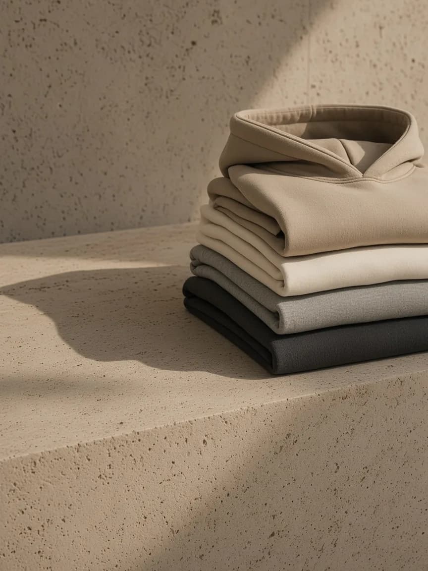 Folded sand, ivory, stone-grey and charcoal cotton essentials on a travertine plinth.