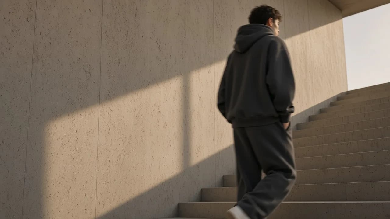 Model in a charcoal hoodie and sweatpants walking through a sunlit concrete stairwell.