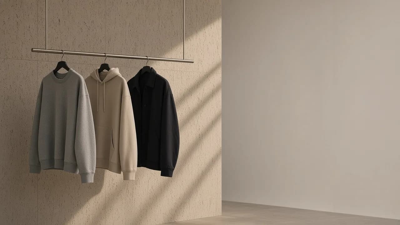 Stone-grey, sand and charcoal essentials arranged on a steel rail in warm architectural light.