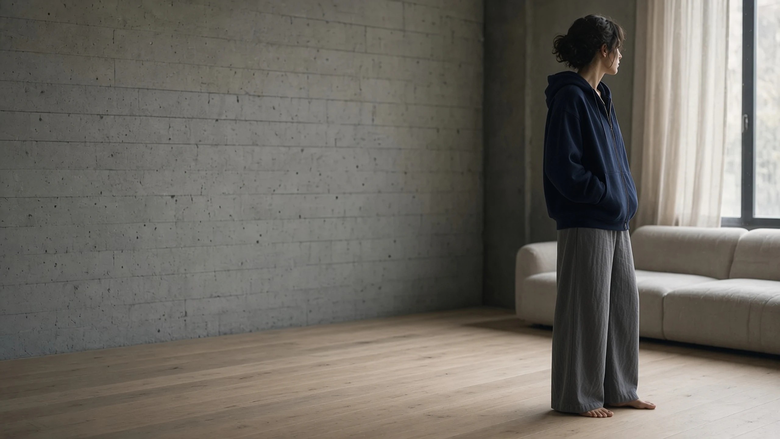 Model in a deep navy zip hoodie standing in a concrete and pale oak penthouse interior.