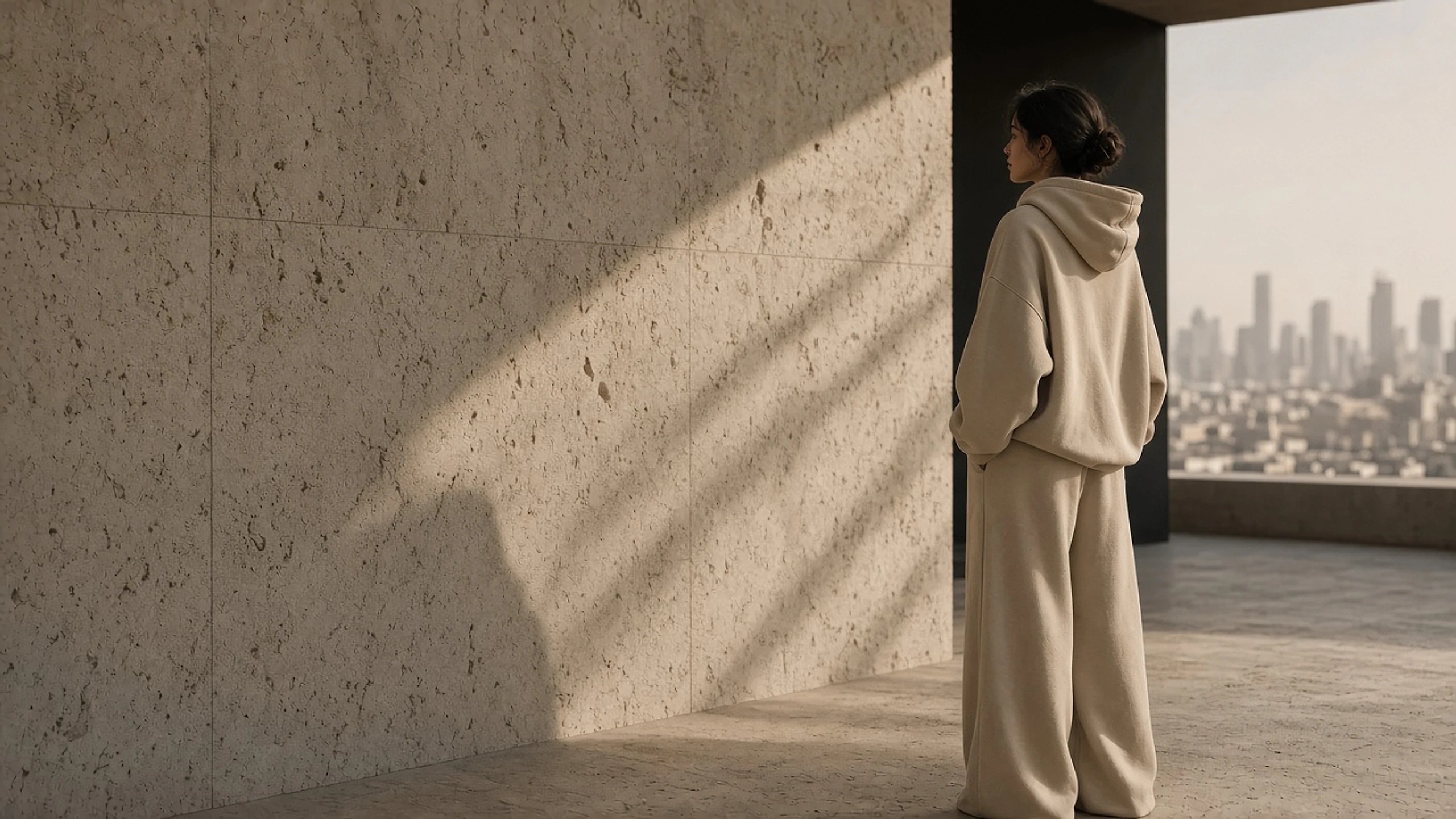 Model in a sand-beige organic cotton hoodie and matching wide-leg sweatpants on a sunlit travertine terrace.