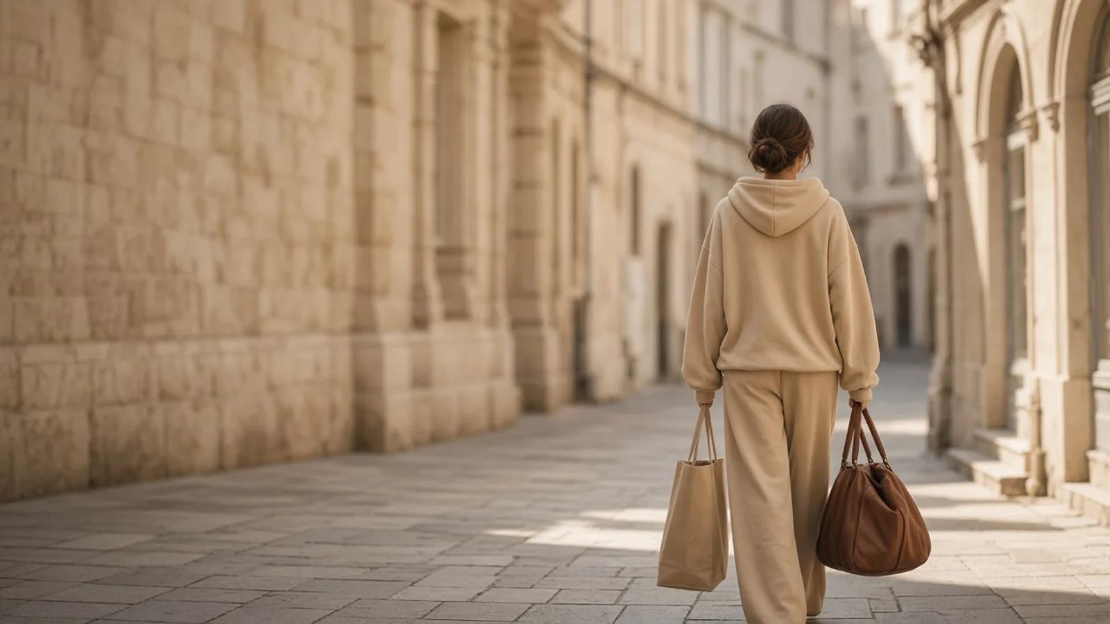 Model in a sand-beige hoodie and sweatpants walking through a sunlit European old-town street with a weekender bag.